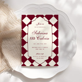 Elegante Retro Geruite Burgundy Trouwkaart Kaart