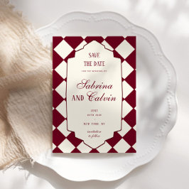 Elegante Retro Geruite Burgundy Trouwkaart Save The Date