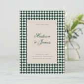 Elegante Retro Geruite Groen Beige Bruiloft Save The Date (Staand voorkant)