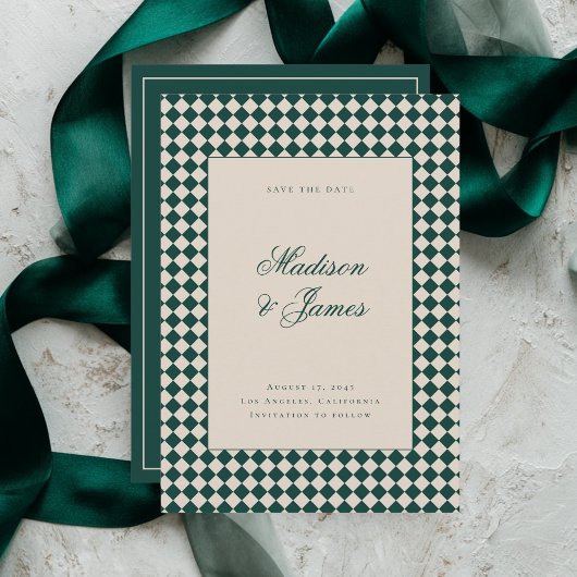 Elegante Retro Geruite Groen Beige Bruiloft Save The Date