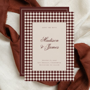 Elegante Retro Geruite Rode Beige Trouwdag Save The Date