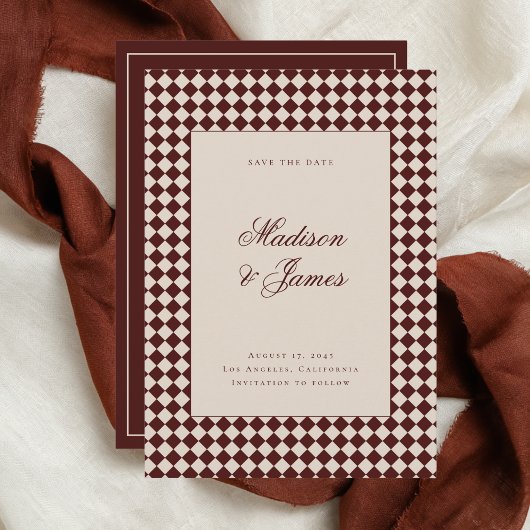 Elegante Retro Geruite Rode Beige Trouwdag Save The Date