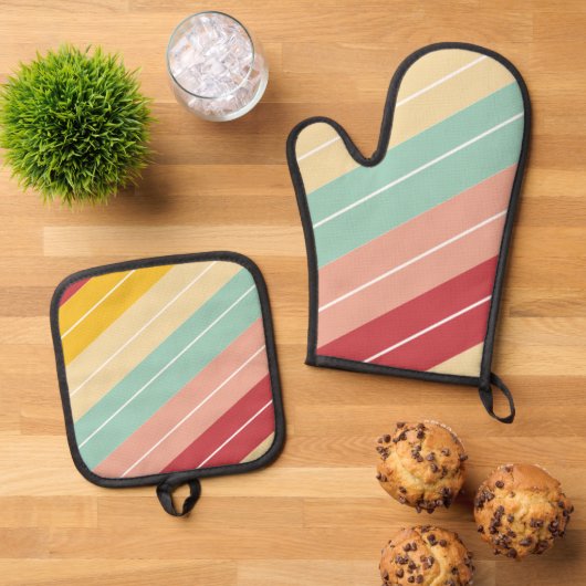 Elegante Retro Gestreepte Ovenwant & Pannenlap Set (Top down)