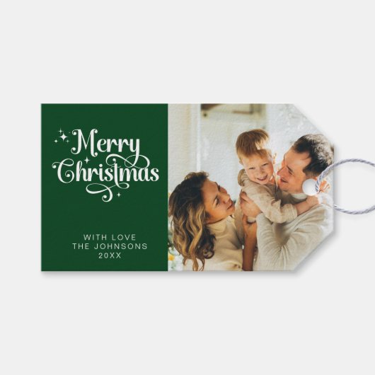 Elegante Retro Green Vrolijk Kerstfeest Familie Fo Cadeaulabel (Voorkant (Horizontaal))
