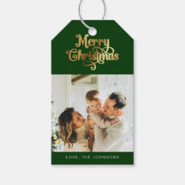 Elegante Retro Groen en Goud Vrolijke Kerstfoto Cadeaulabel