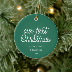 Elegante retro groen onze eerste kerstfoto keramisch ornament