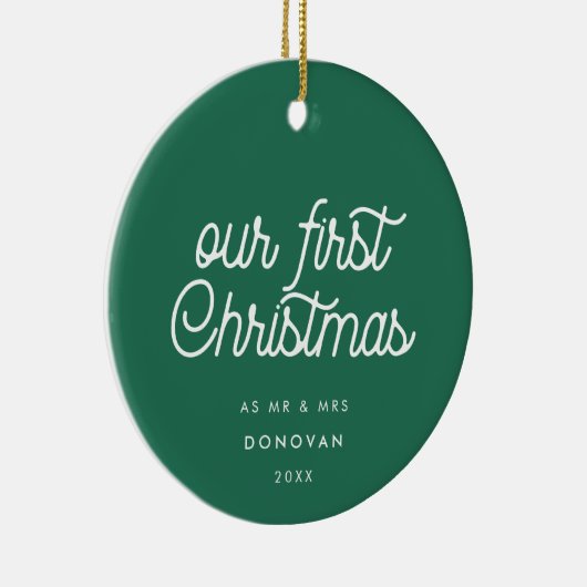 Elegante retro groen onze eerste kerstfoto keramisch ornament (Rechts)