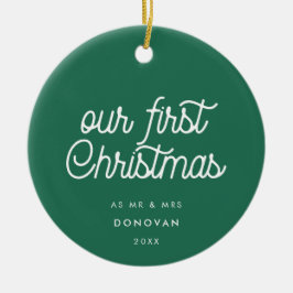 Elegante retro groen onze eerste kerstfoto keramisch ornament