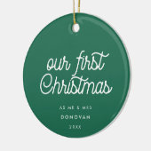 Elegante retro groen onze eerste kerstfoto keramisch ornament (Links)