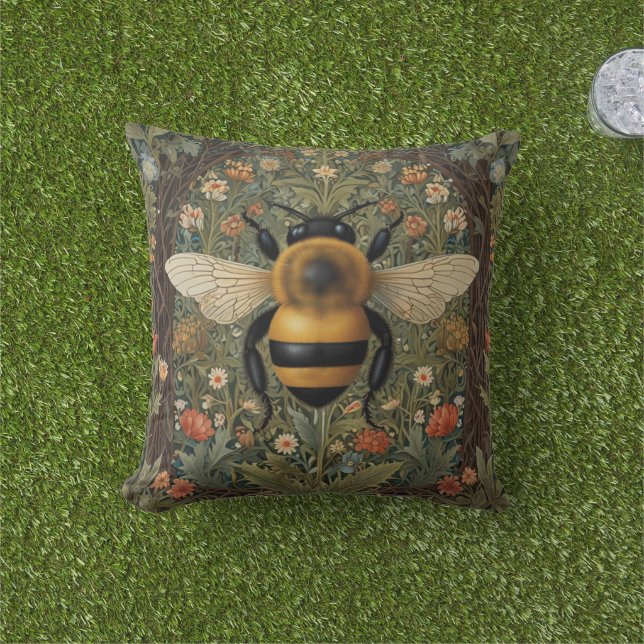 Elegante retro hommel boho botanische bloemkunst buitenkussen (Gras)