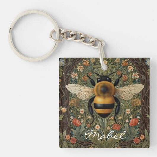Elegante retro hommel boho botanische bloemkunst sleutelhanger (voorkant)