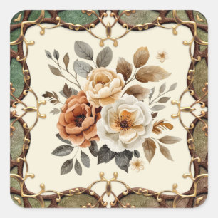 Elegante Retro Ingelijste Bloemen Vierkante Sticker