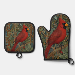 Elegante Retro Kardinaal Art Nouveau rode vogel Ovenwant & Pannenlap Set