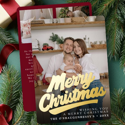 Elegante Retro Prettig Kerstmis Script Foto Folie Feestdagenkaart