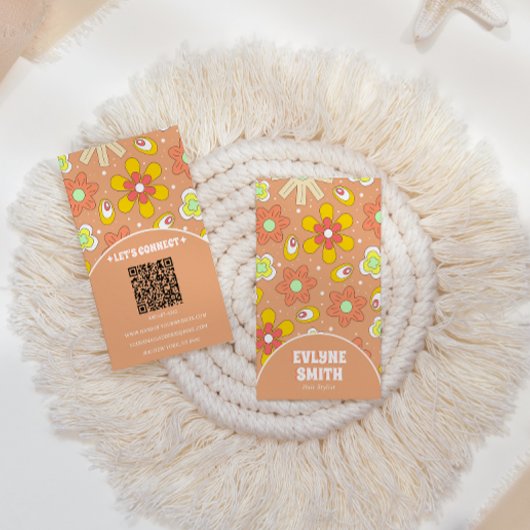 Elegante Retro QR Code Groovy Floral Trendy Boho Visitekaartje