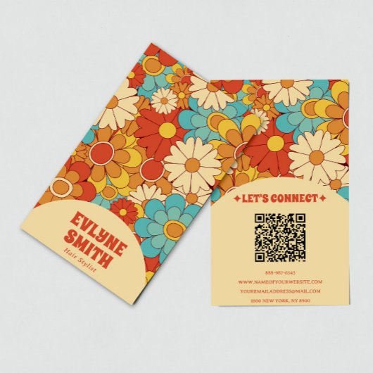 Elegante Retro QR Code Groovy Floral Trendy Boho Visitekaartje