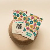 Elegante Retro QR-code Groovy Floral Unique Boho Visitekaartje