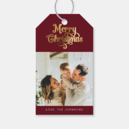 Elegante Retro Rood en Goud Vrolijke Kerstfoto Cadeaulabel