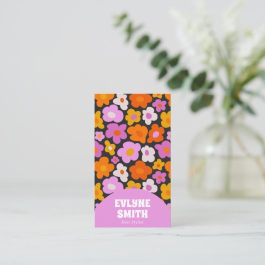 Elegante Retro Roze Kleurrijke QR Code Groovy Flor Visitekaartje (Staand voorkant)