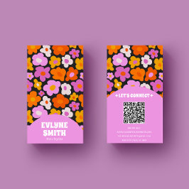 Elegante Retro Roze Kleurrijke QR Code Groovy Flor Visitekaartje