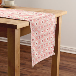 Elegante Retro Roze Sneeuwvlok en Rood Hart Patroo Korte Tafelloper