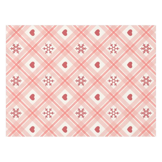 Elegante Retro Roze Sneeuwvlok en Rood Hart Patroo Tafelkleed (Voorkant (Horizontaal))