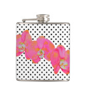 Elegante retro roze waterverf orchideeën polka dot heupfles (Voorkant)
