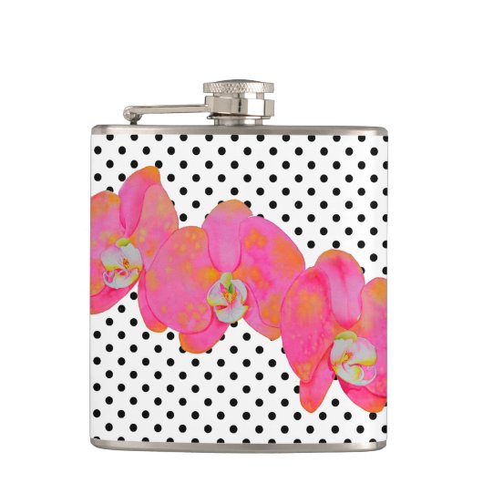 Elegante retro roze waterverf orchideeën polka dot heupfles (Voorkant)
