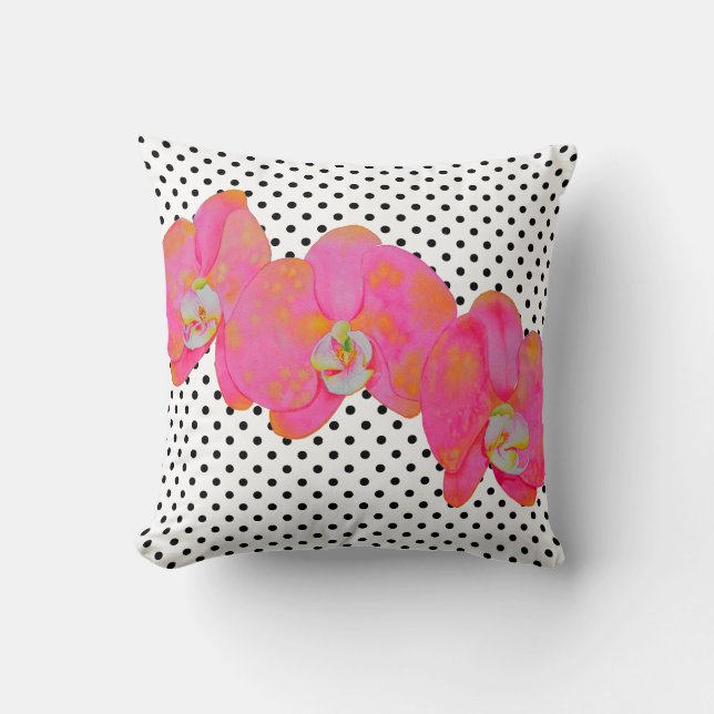 Elegante retro roze waterverf orchideeën polka dot kussen (Voorkant)