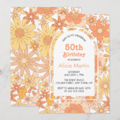 Elegante Retro Sinaasappel Perzik Flora 50e Verjaa Kaart (Voorkant / Achterkant)