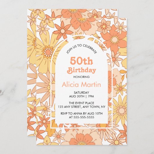 Elegante Retro Sinaasappel Perzik Flora 50e Verjaa Kaart (Voorkant / Achterkant)