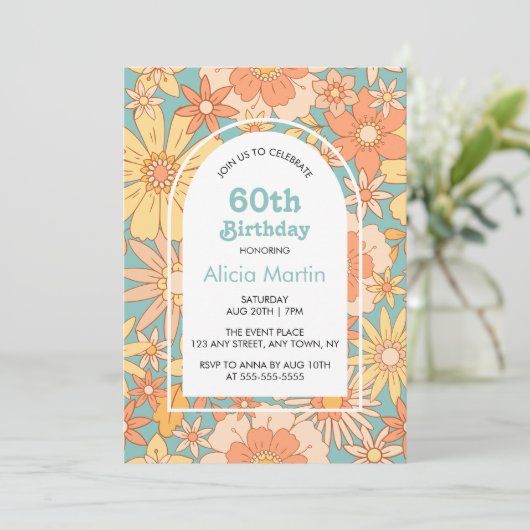 Elegante Retro Sinaasappel Perzik Flora 60e Verjaa Kaart (Staand voorkant)