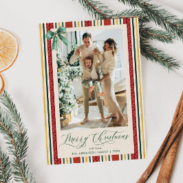 Elegante Retro Stripes Bow Vrolijke Kerstmis 1 Fot Feestdagenkaart