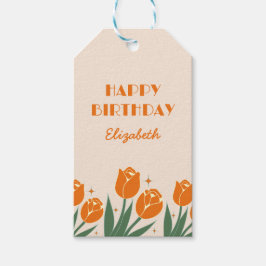 Elegante Retro Tulip Bloemen Sinaasappel Verjaarda Cadeaulabel