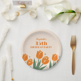 Elegante Retro Tulip Bloemen Sinaasappel Verjaarda Papieren Bordje