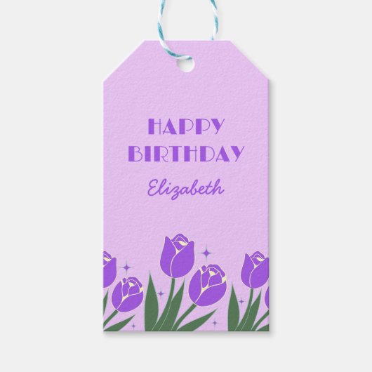 Elegante Retro Tulp Bloemen Paarse Verjaardag Cadeaulabel (Voorkant)