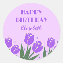 Elegante Retro Tulp Bloemen Paarse Verjaardag Ronde Sticker