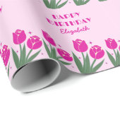 Elegante Retro Tulp Bloemenroze Verjaardag Cadeaupapier (Rol Hoek)