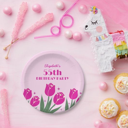 Elegante Retro Tulp Bloemenroze Verjaardag Papieren Bordje (Feest)
