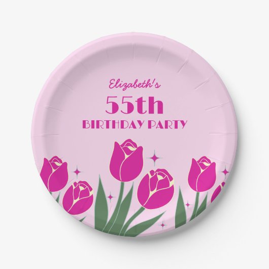 Elegante Retro Tulp Bloemenroze Verjaardag Papieren Bordje (Voorkant)