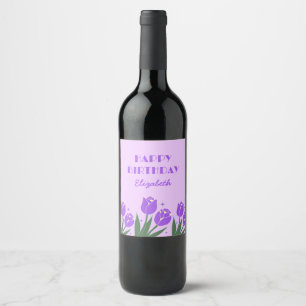 Elegante Retro Tulp Bloemig Paars Verjaardag Wijn Etiket