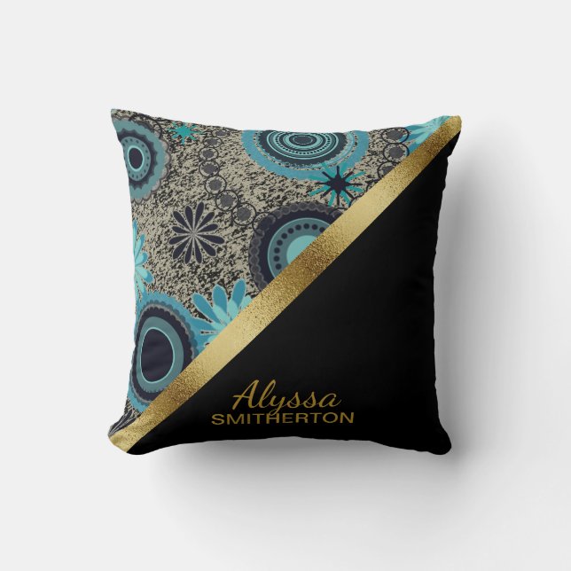 Elegante Retro Turquoise Zwart Goud Persoonlijk Kussen (Voorkant)