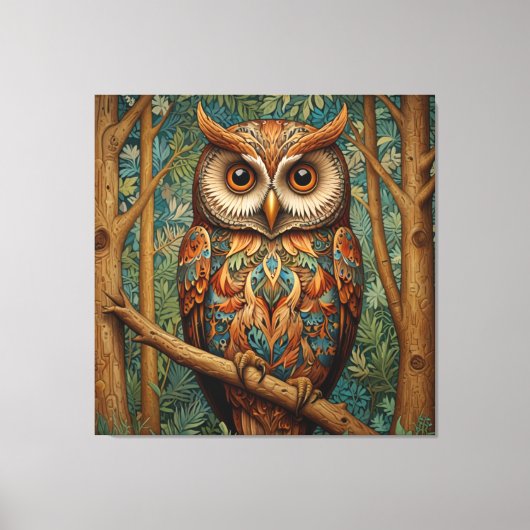 Elegante retro uil boho bohemian bos groen canvas afdruk (Voorkant)