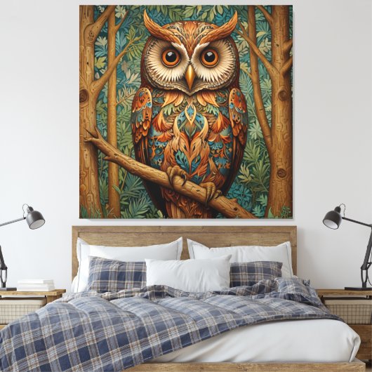 Elegante retro uil boho bohemian bos groen canvas afdruk (Insitu (Slaapkamer))