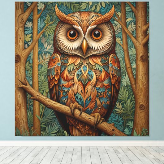 Elegante retro uil boho bohemian bos groen canvas afdruk (Insitu (Houten vloer))