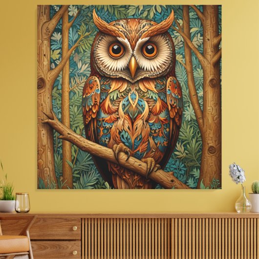 Elegante retro uil boho bohemian bos groen canvas afdruk (Insitu (Woonkamer))