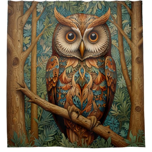 Elegante retro uil boho bohemian bos groen douchegordijn (Voorkant)