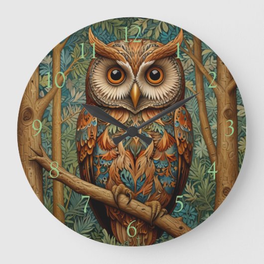 Elegante retro uil boho bohemian bos groen grote klok (Voorkant)