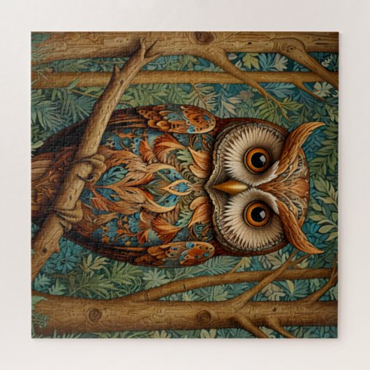 Elegante retro uil boho bohemian bos groen legpuzzel (Horizontaal)