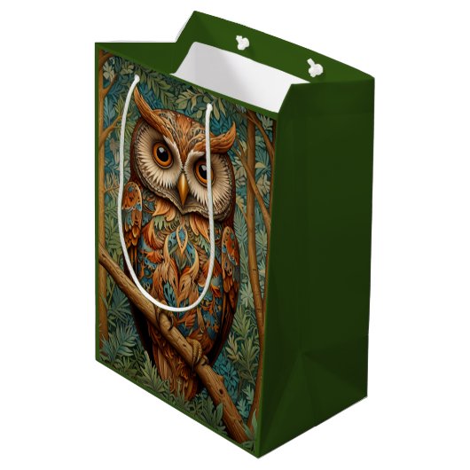 Elegante retro uil boho bohemian bos groen medium cadeauzakje (Achterkant Gekanteld)